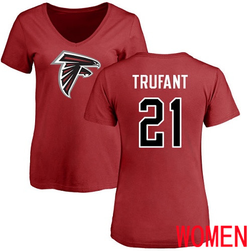 Atlanta Falcons Red Women Desmond Trufant Name And Number Logo NFL Football #21 T Shirt